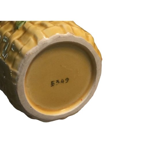 Vintage Ceramic Coffee Mugs Cups Yellow Basket Weave with Peaches on Front #5349 - Picture 2 of 8